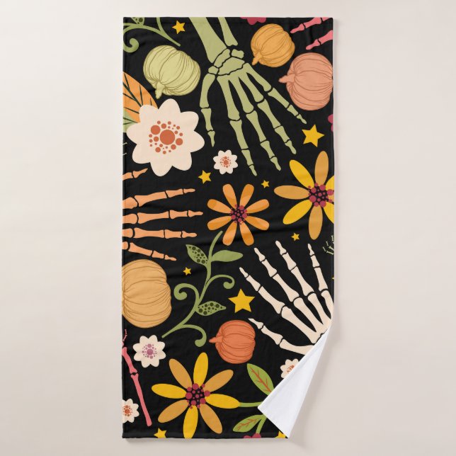 Halloween bones, floral seamless pattern. bath towel (Bath Towel)