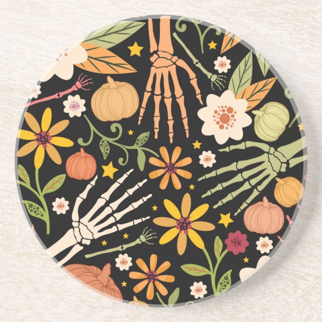 Halloween bones, floral seamless pattern. coaster (Front)