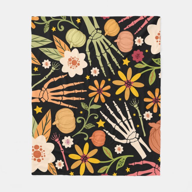 Halloween bones, floral seamless pattern. fleece blanket (Front)