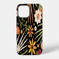 Halloween bones, floral seamless pattern.