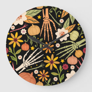 Halloween bones, floral seamless pattern. large clock