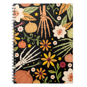 Halloween bones, floral seamless pattern. notebook
