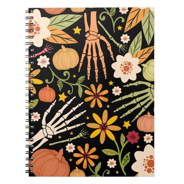Halloween bones, floral seamless pattern. notebook (Front)