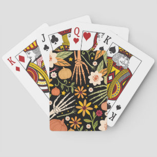 Halloween bones, floral seamless pattern. playing cards