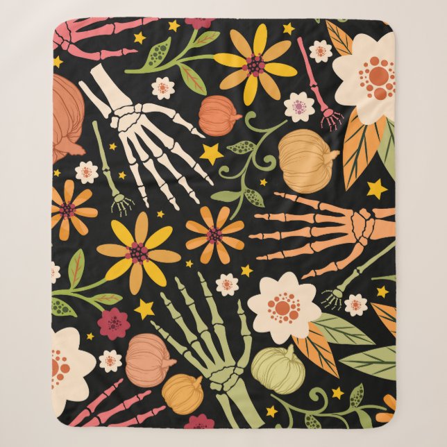 Halloween bones, floral seamless pattern. sherpa blanket (Front)