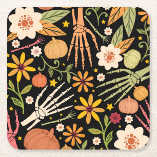 Halloween bones, floral seamless pattern. square paper coaster