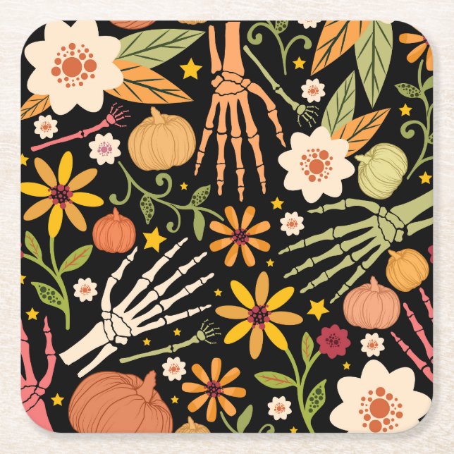 Halloween bones, floral seamless pattern. square paper coaster (Front)