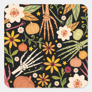 Halloween bones, floral seamless pattern. square sticker