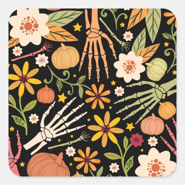 Halloween bones, floral seamless pattern. square sticker (Front)