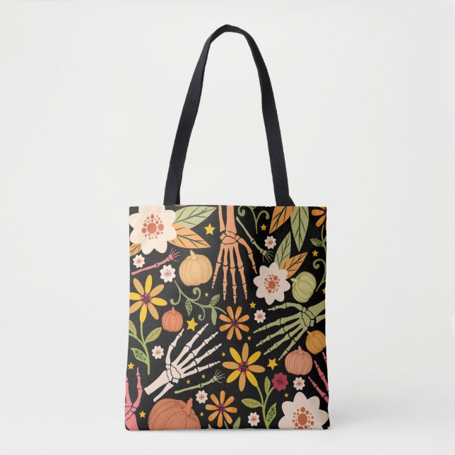 Halloween bones, floral seamless pattern. tote bag (Front)