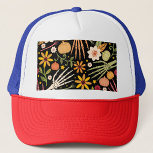 Halloween bones, floral seamless pattern. trucker hat