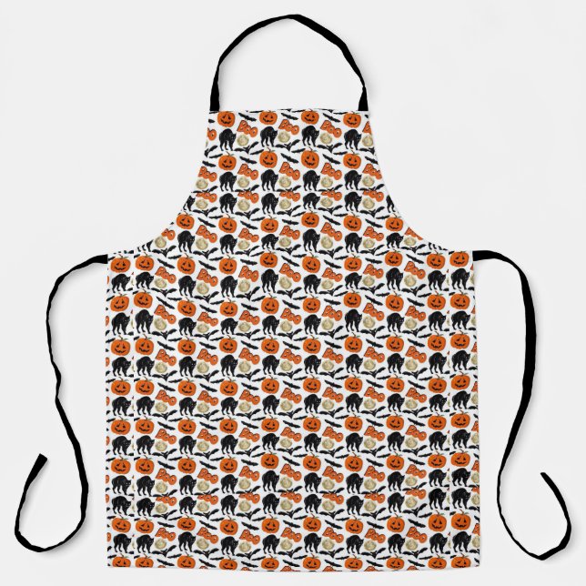 Halloween Boo Bats Cat Pumpkin And Moon Drawing Apron (Front)