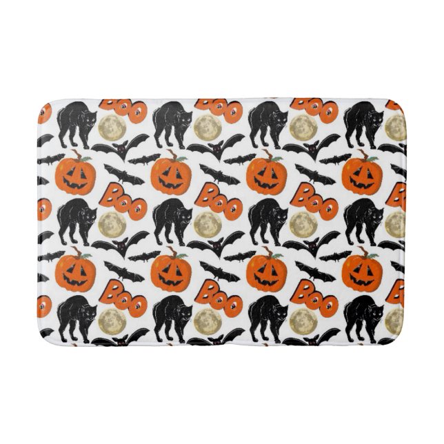Halloween Boo Bats Cat Pumpkin And Moon Drawing Bath Mat (Front)