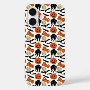 Halloween Boo Bats Cat Pumpkin And Moon Drawing iPhone 16 Case