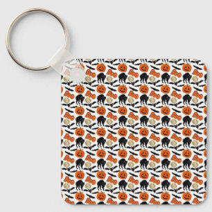 Halloween Boo Bats Cat Pumpkin And Moon Drawing Key Ring