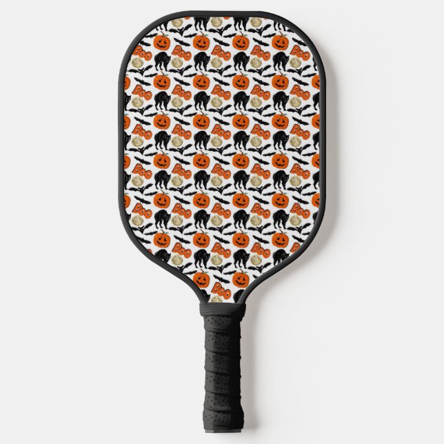 Halloween Boo Bats Cat Pumpkin And Moon Drawing Pickleball Paddle (Front)