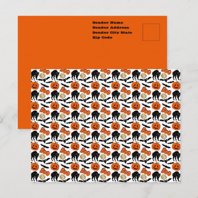 Halloween Boo Bats Cat Pumpkin And Moon Drawing Postcard (Front/Back)