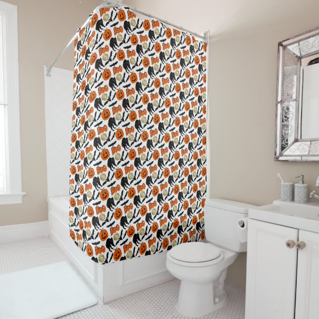 Halloween Boo Bats Cat Pumpkin And Moon Drawing Shower Curtain (In Situ)