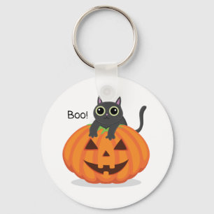 Halloween boo black cat on pumpkin jack o lantern  key ring
