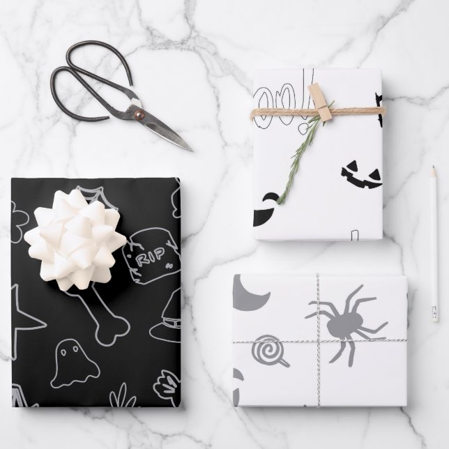 Halloween Boo! Black White Wrapping Paper Sheet (Front)