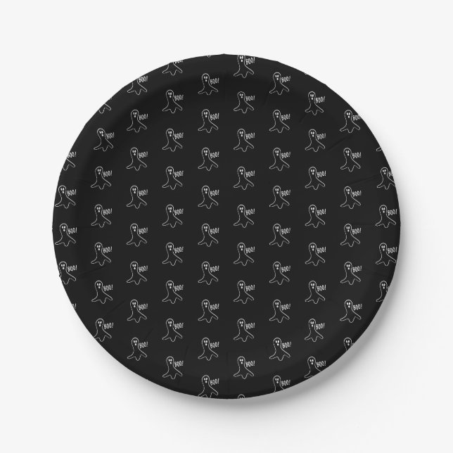 Halloween boo ghost black and white pattern paper plate (Front)
