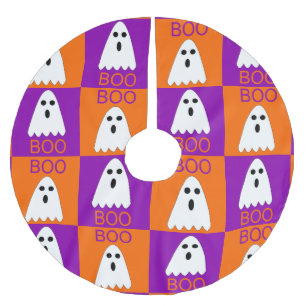 Halloween Boo Ghost Purple and Orange Squares Brushed Polyester Tree Skirt