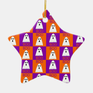Halloween Boo Ghost Purple and Orange Squares Ceramic Ornament