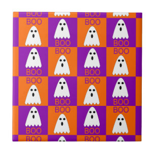 Halloween Boo Ghost Purple and Orange Squares Ceramic Tile