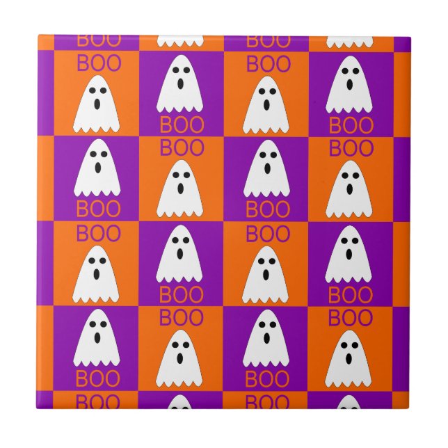 Halloween Boo Ghost Purple and Orange Squares Ceramic Tile (Front)