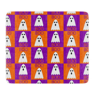 Halloween Boo Ghost Purple and Orange Squares Cutting Board