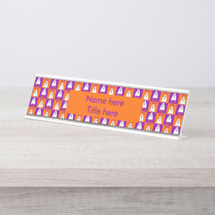 Halloween Boo Ghost Purple and Orange Squares Desk Name Plate