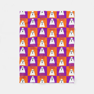 Halloween Boo Ghost Purple and Orange Squares Fleece Blanket