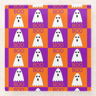Halloween Boo Ghost Purple and Orange Squares Glass Coaster