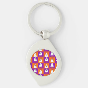 Halloween Boo Ghost Purple and Orange Squares Key Ring