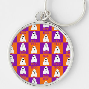 Halloween Boo Ghost Purple and Orange Squares Key Ring