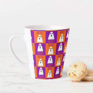 Halloween Boo Ghost Purple and Orange Squares Latte Mug