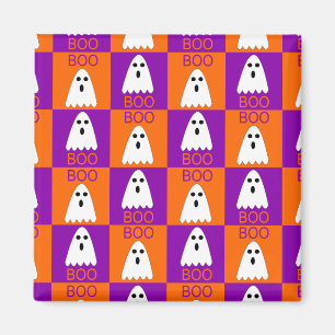 Halloween Boo Ghost Purple and Orange Squares Magnet