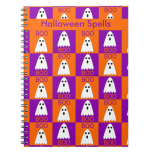 Halloween Boo Ghost Purple and Orange Squares Notebook
