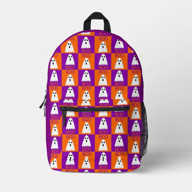 Halloween Boo Ghost Purple and Orange Squares Printed Backpack (Front)