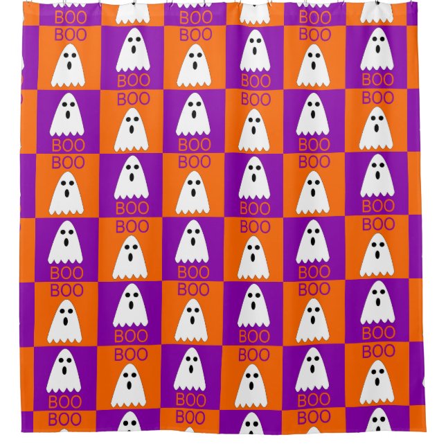 Halloween Boo Ghost Purple and orange Squares Shower Curtain (Front)
