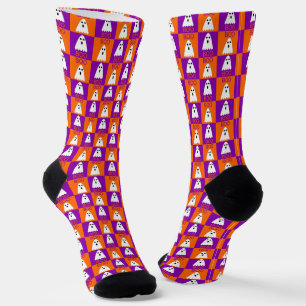 Halloween Boo Ghost Purple and Orange Squares Socks