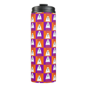 Halloween Boo Ghost Purple and Orange Squares Thermal Tumbler