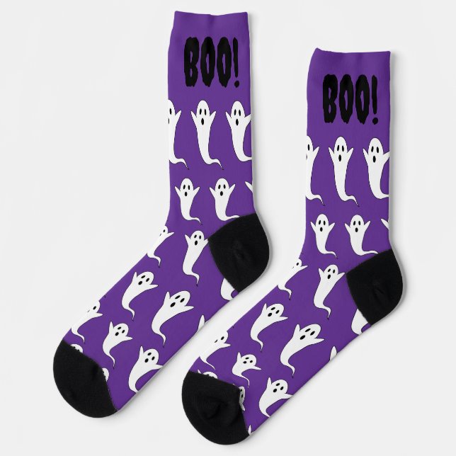 Halloween Boo! Ghost Purple Black White Socks  (Left)