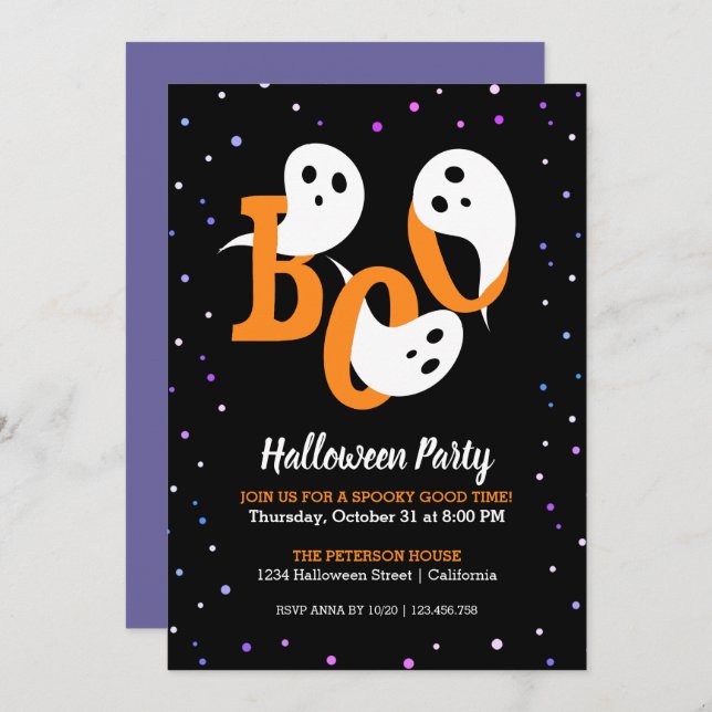 Halloween Boo Ghosts Purple Confetti Invitation (Front/Back)
