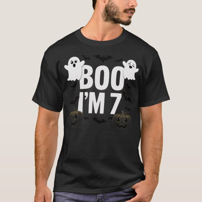 Halloween Boo I'm 7 Years Old Pumpkin Ghost Bat Ki T-Shirt (Front)