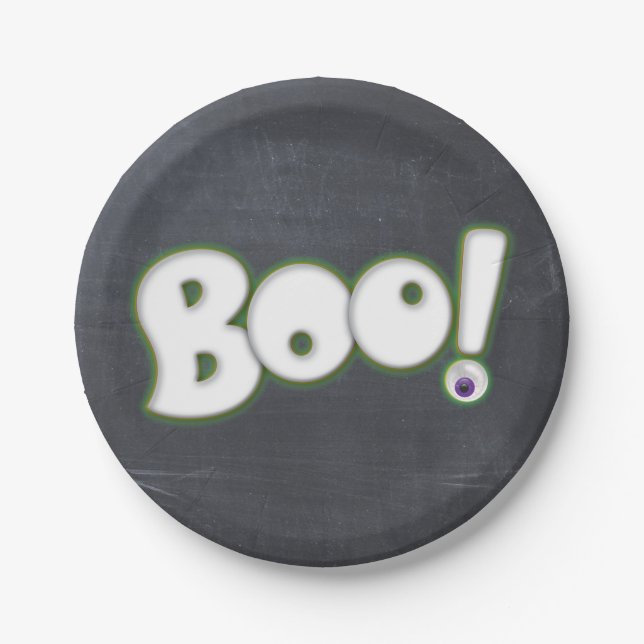 Halloween Boo Lettering Chalkboard Chalk Paper Plate (Front)
