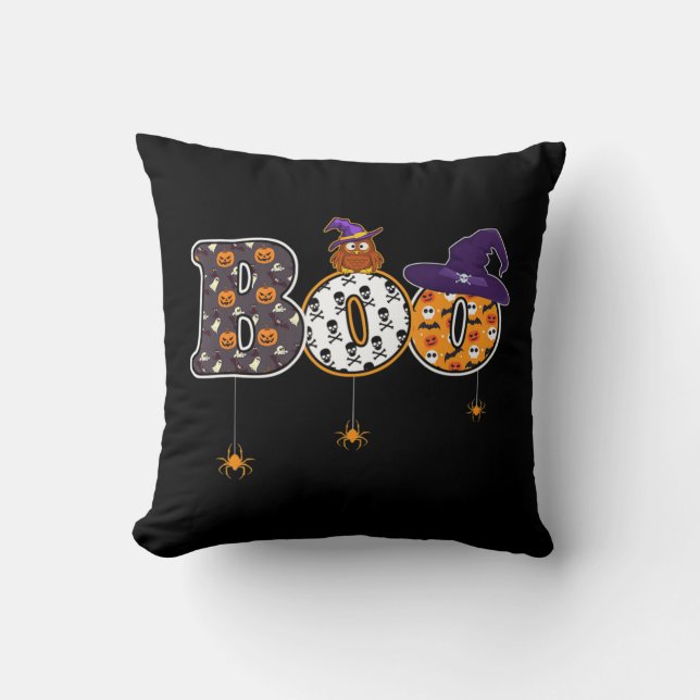 Halloween Boo Owl With Witch Hat Spider Halloween  Cushion (Front)