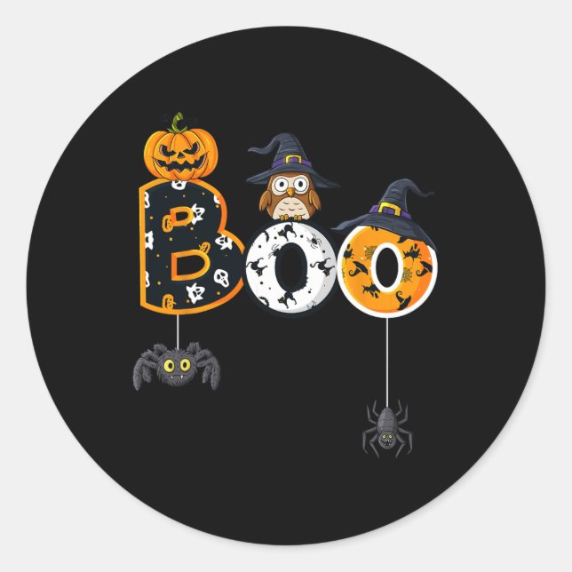 Halloween Boo Owl With Witch Hat Spiders Boys Girl Classic Round Sticker (Front)