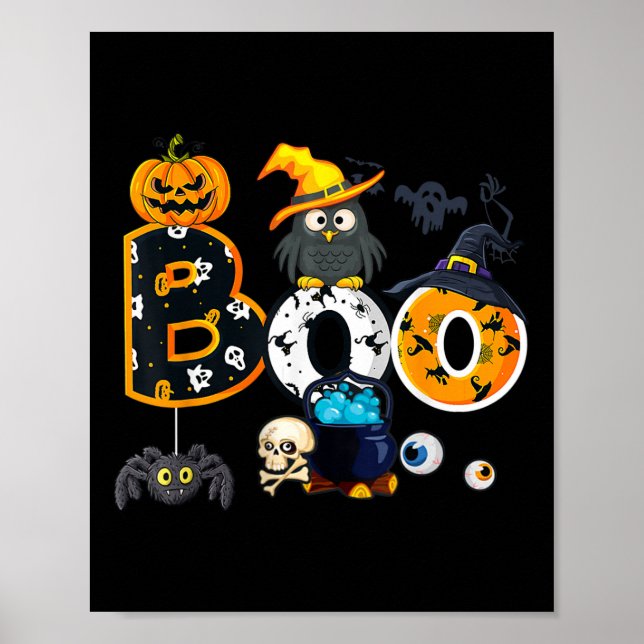 Halloween Boo Owl With Witch Hat Spiders Boys Girl Poster (Front)