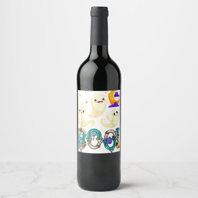 Halloween Boo Owl With Witch Hat Spiders Boys Girl Wine Label (Front)